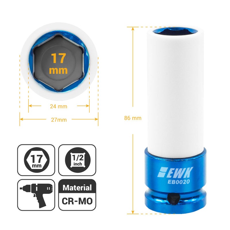 EWK 1/2" Drive 17mm Lug Nut Socket, 17mm Socket for Wheel Service, Non-Marring Protective Sleeve Prevents Damage to Custom Rims - Image 2